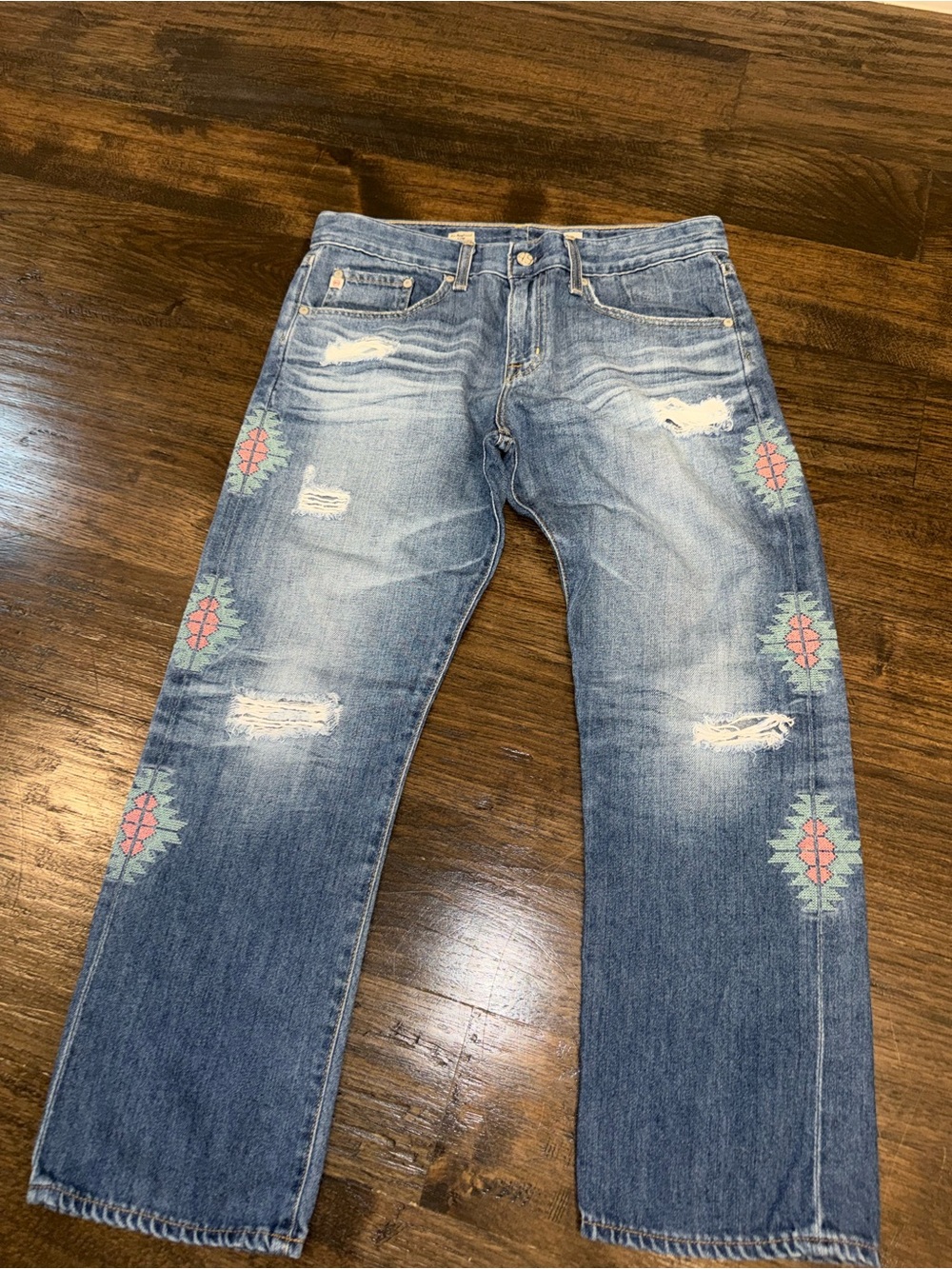Ag Adriano Goldschmied Blue Straight Crop Jeans with Pink & Green Embroidery